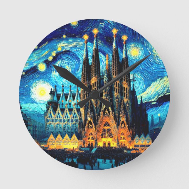 Starry Sagrada Familia Barcelona Rund Klocka (Framsida)