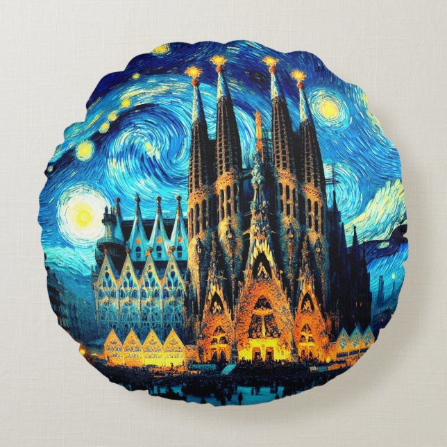 Starry Sagrada Familia Barcelona Rund Kudde (Framsidan)