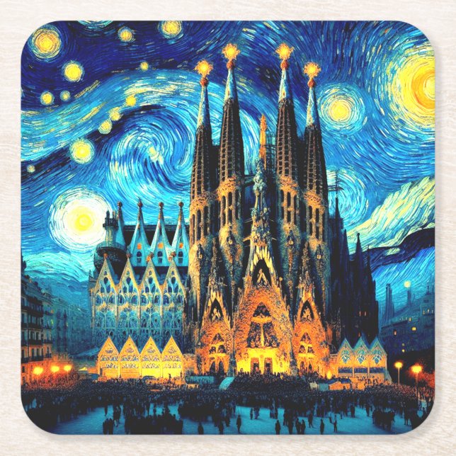 Starry Sagrada Familia Barcelona Underlägg Papper Kvadrat (Framsidan)