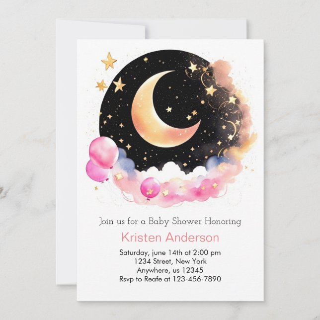 Starry Space Äventyr Rosa Girl Baby Shower Inbjudningar (Framsida)