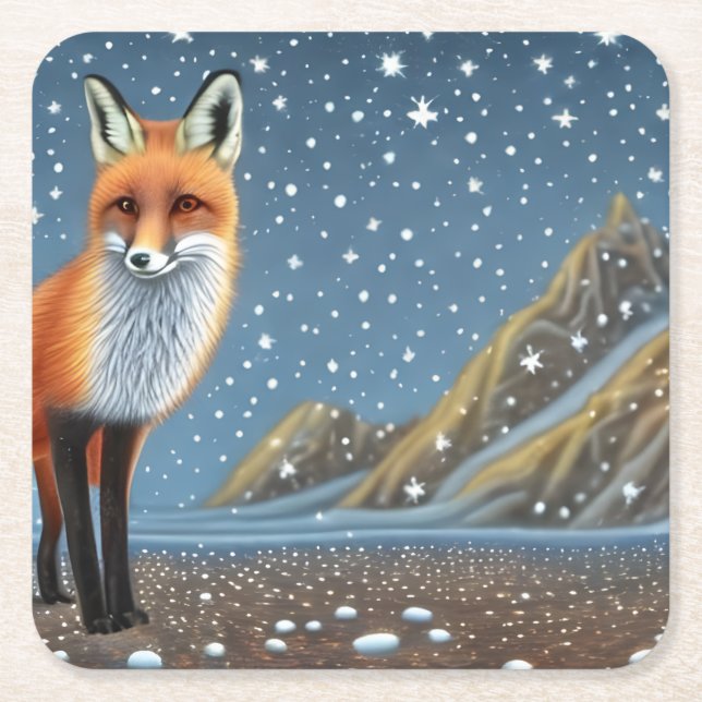 Starry Starry Night Storybook Fox Underlägg Papper Kvadrat (Framsidan)