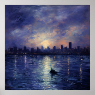 Starry Urban Ligcape: Impressionist Nattkonst Poster