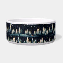 Starry Winter Forest Night Ceramic Pet Bowl
