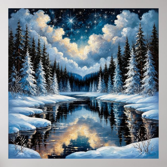 Starry Winter Ligcape med Snowy Träd Poster (Framsidan)
