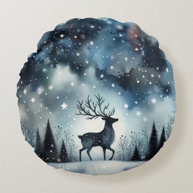 Starry Winter Night Deer Rund Kudde (Framsidan)
