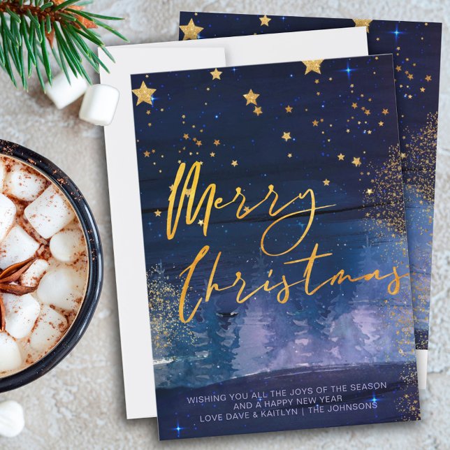 Starry Winter Night God jul Blue Guld Holi Julkort (Skapare uppladdad)