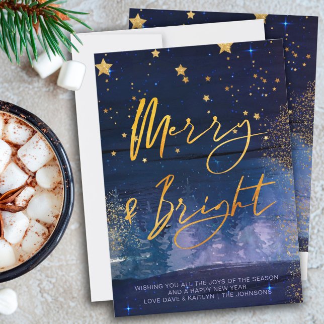 Starry Winter Night Merry och Bright Blue and Guld Julkort (Skapare uppladdad)