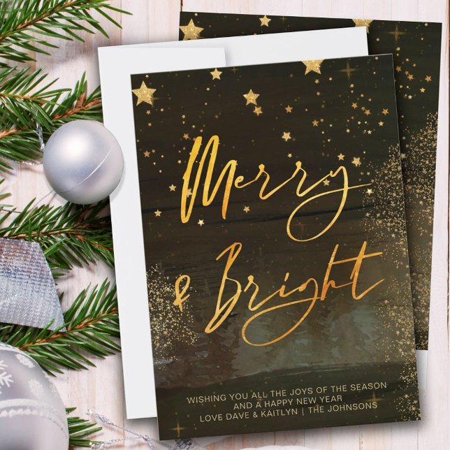 Starry Winter Night Merry och Bright Guld Script Julkort (Skapare uppladdad)