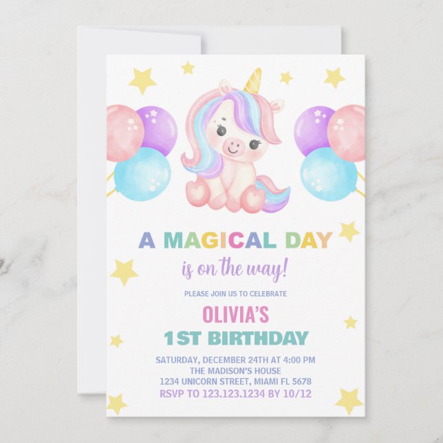 Stars Ballons Unicorn Birthday-inbjudan Inbjudningar (Framsida)