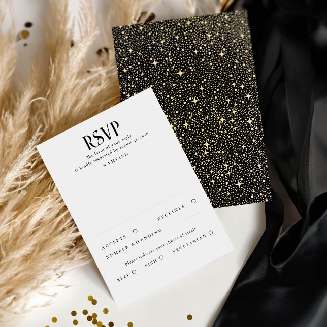 Stars Black och Guld Bröllop OSA Kort (Celestial Starry Black RSVP Cards)