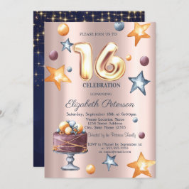 Stars Cake Navy Blue Ro Guld Sweet 16:e inbjudan