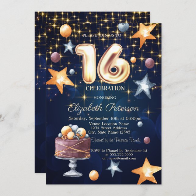 Stars Cake Navy Blue Sweet 16-inbjudan Inbjudningar (Fram/baksida)
