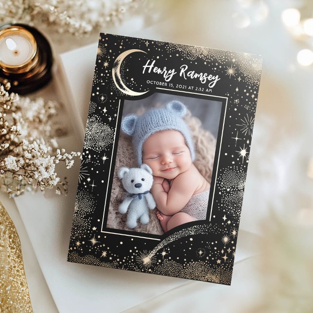 Stars Celestial Cute Newborn Photos Birth Meddelande (Moon and Stars Black Birth Announcement Photo Card)