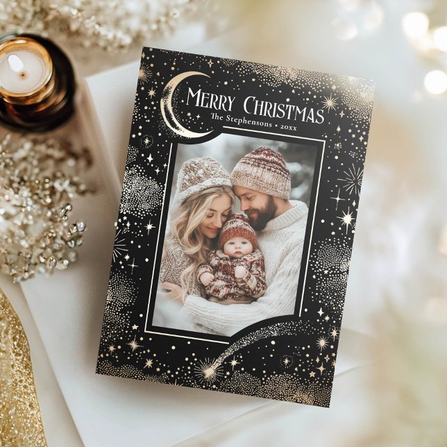 Stars Celestial Magic God jul Photo Julkort (Black Christmas Photo Card)