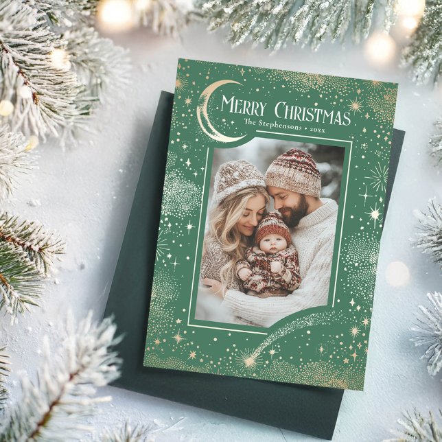 Stars Celestial Magic God jul Photo Julkort (Green Merry Christmas Photo Card)
