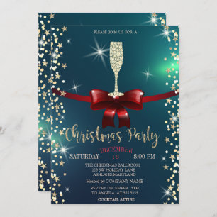 Stars,Champagne Glass,Red Bow-julklapp Inbjudningar
