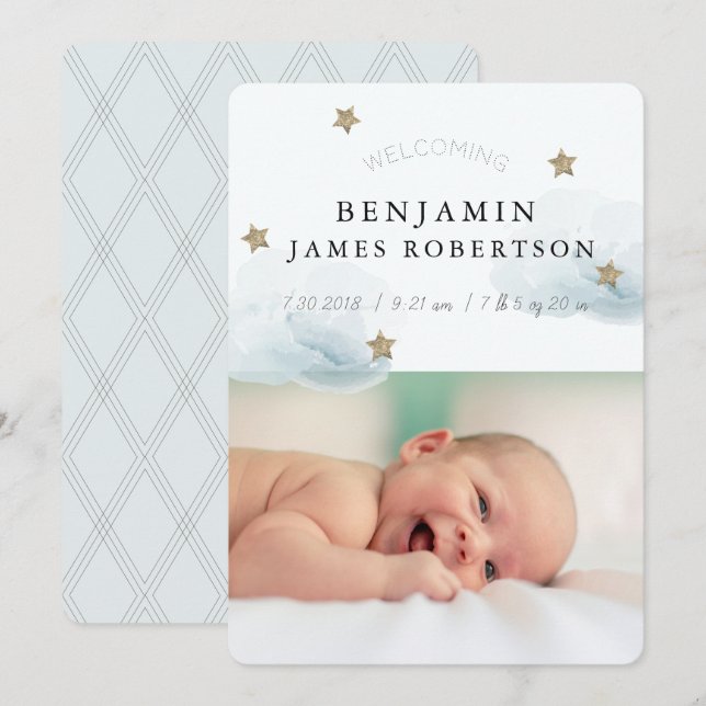 Stars & Clouds Boy Blue Birth-annons Card Inbjudningar (Fram/baksida)