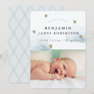 Stars & Clouds Boy Blue Birth-annons Card Inbjudningar