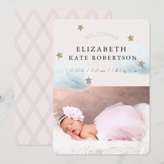 Stars & Clouds Girl Birth Rosa Anouncement Card Inbjudningar (Fram/baksida)