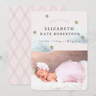 Stars & Clouds Girl Birth Rosa Anouncement Card Inbjudningar