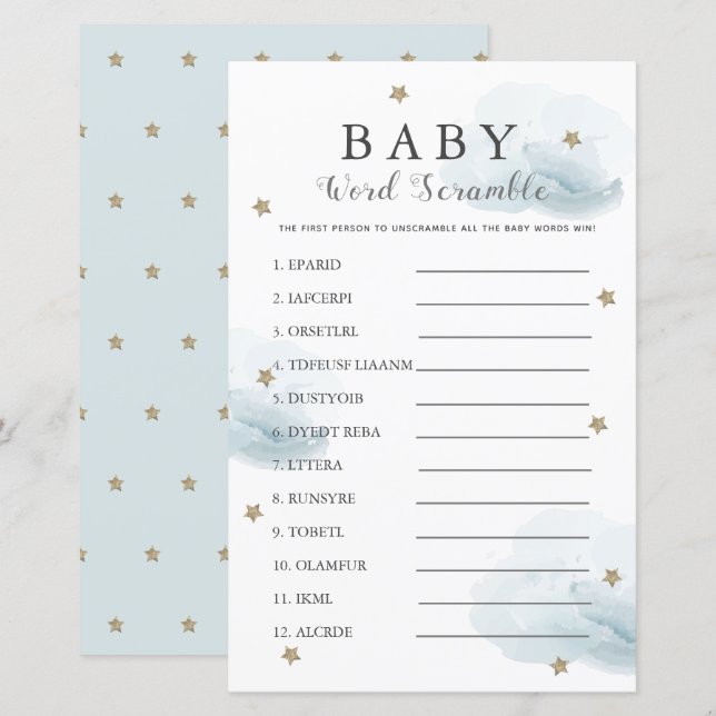 Stars & Clouds Ord Scramble Baby Shower Blue Game (Fram/baksida)