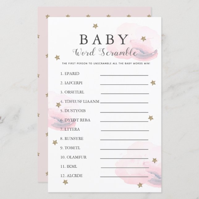 Stars & Clouds Ord Scramble Baby Shower Rosa Game (Fram/baksida)