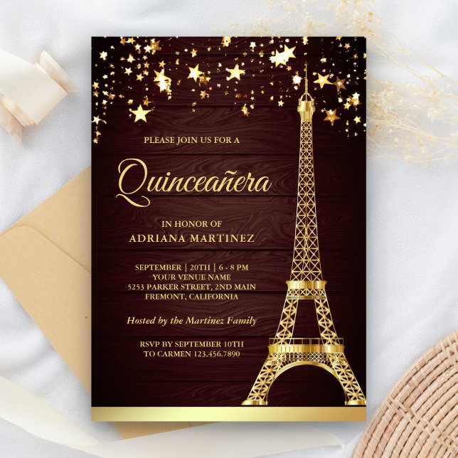 Stars Confetti Gold Foil Eiffel Torn Quinceanera Inbjudningar (Skapare uppladdad)