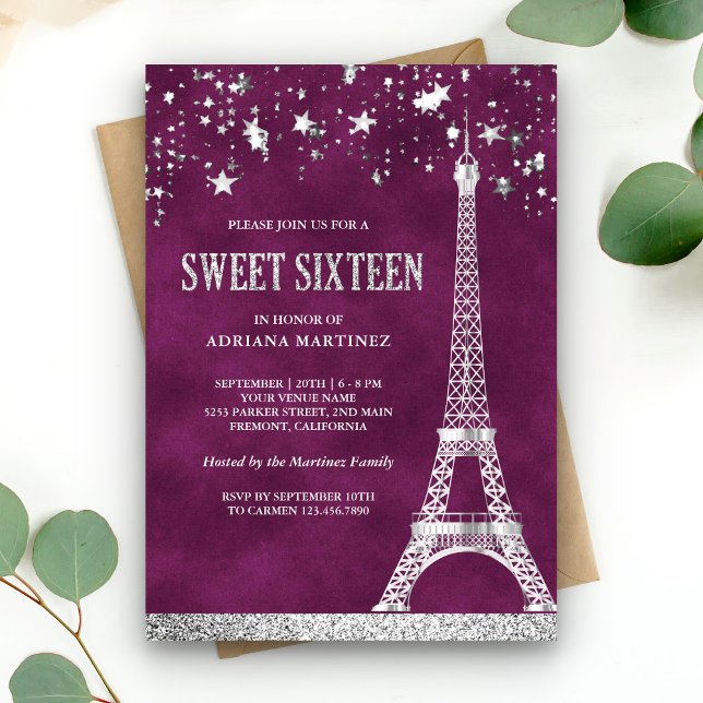 Stars Confetti Silver Eiffel Torn Plum Sweet 16 Inbjudningar (Skapare uppladdad)
