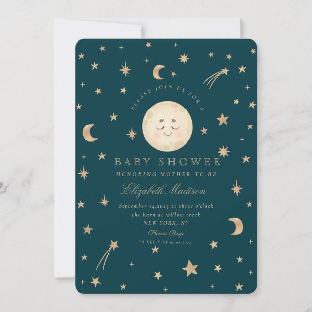 Stars Cute Måne Golden Galaxy Baby Shower Inbjudningar (Framsida)