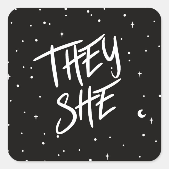 Stars De/hon Pronouns Fyrkantigt Klistermärke (Framsida)