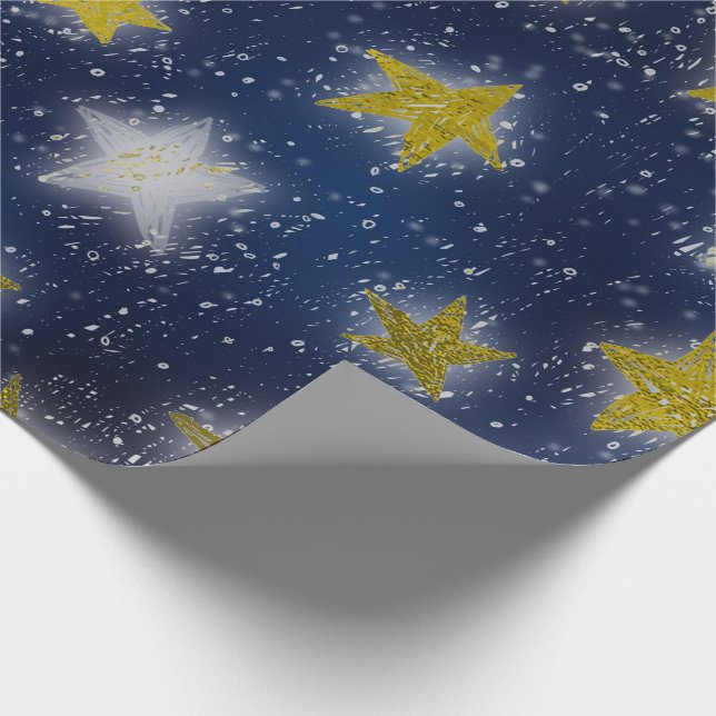 Stars Galaxy Himlar Navy Blue Night Mustard Guld F Presentpapper (Hörn)