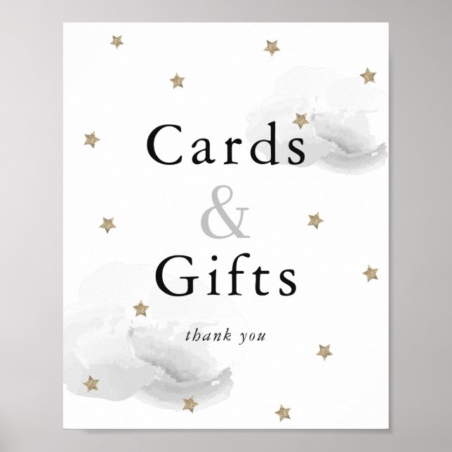 Stars Grått Clouds Baby Shower Card & presentation Poster (Framsidan)