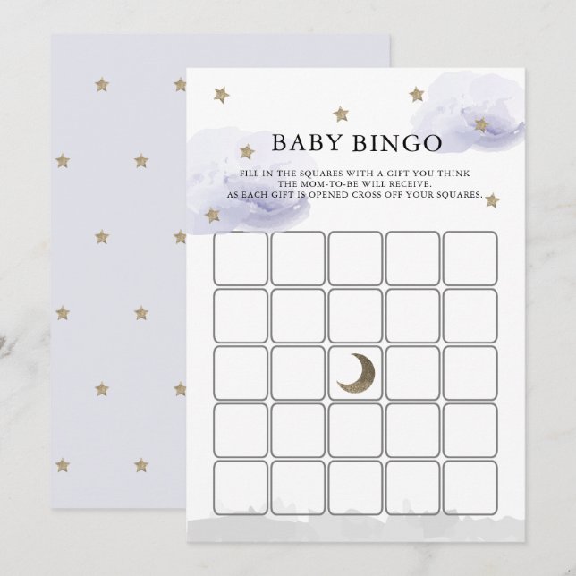 Stars Lavender Clouds Baby Shower Bingo Game Card Inbjudningar (Fram/baksida)