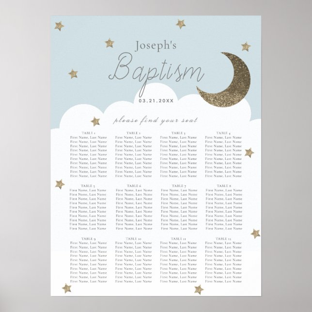Stars & Måne Baby blue Boy Baptism Sittdiagram Poster (Framsidan)
