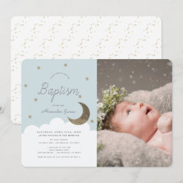 Stars & Måne Baby blue Boy Photo Baptism Inbjudningar