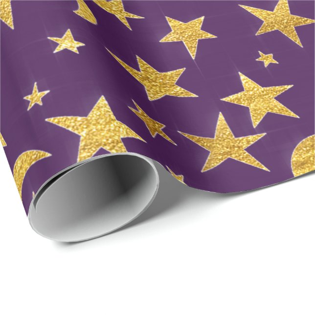 Stars Måne Black Himlar Black Guld Lila Lavender Presentpapper (Rullad Hörn)