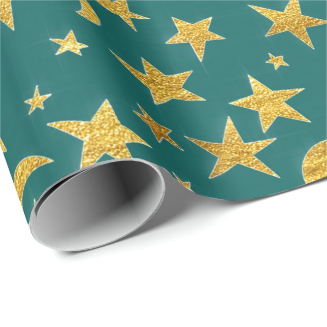 Stars Måne Black Himlar Black Guld Teal Aquatic Presentpapper (Rullad Hörn)