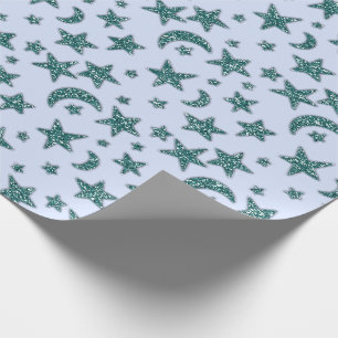 Stars Måne Blue Pastel Celestial Spark Teal Presentpapper