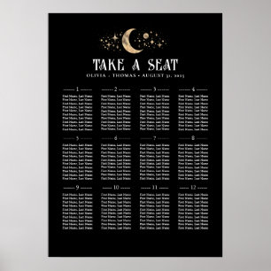 Stars Måne Celestial Black Bröllop-sätesdiagram Poster