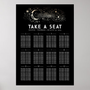 Stars Måne Celestial Black Bröllop-sätesdiagram Poster