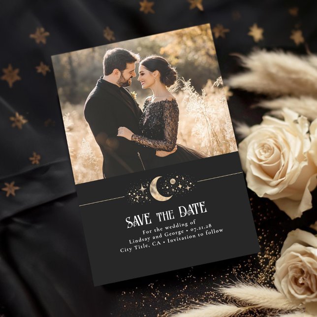 Stars Måne Celestial Black Spara datumfoto Datumet (Celestial Save the Date Photo Cards)