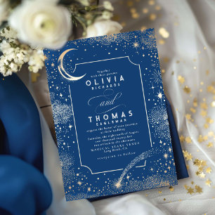 Stars Måne Celestial Navy Blue Bröllop Inbjudningar