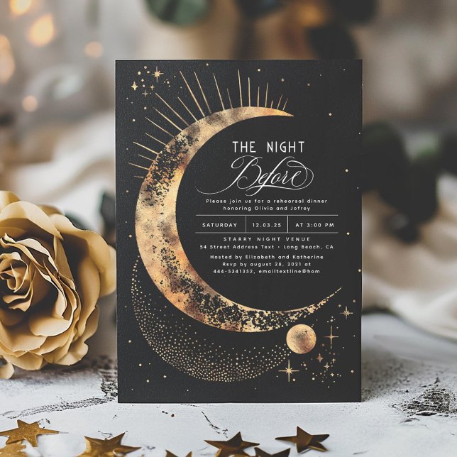 Stars Måne Celestial Night Rehearsal Middag Inbjudningar (Starry Night Magical Rehearsal Dinner Invitations in Black)