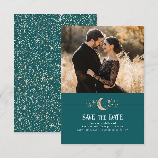 Stars Måne Celestial Teal Save Date Photo Spara Datumet (Fram/baksida)