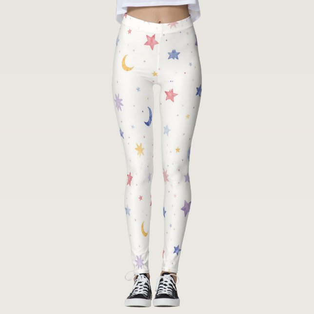 Stars Måne Dots Seamless Mönster Leggings (Framsida)