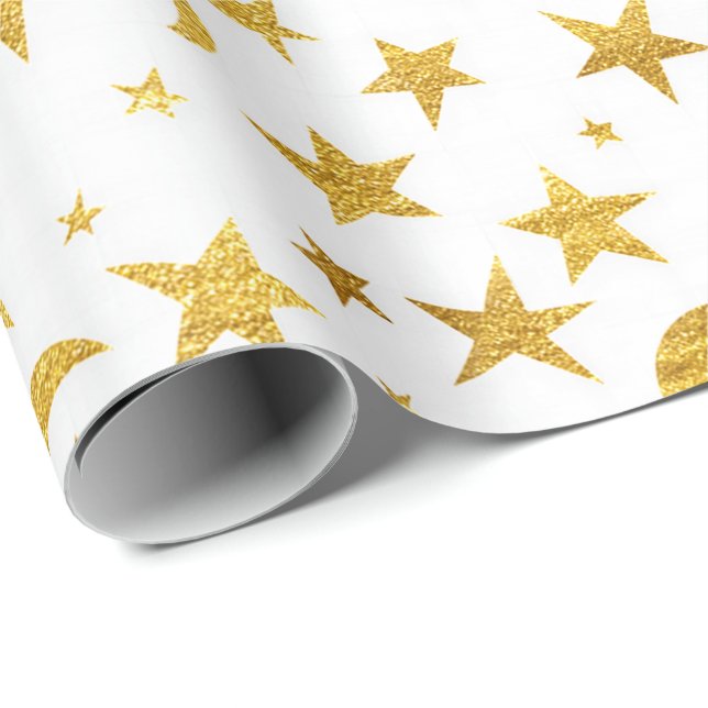 Stars Måne Himlar Guld White Galaxy Elegant Chic Presentpapper (Rullad Hörn)