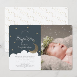 Stars & Måne Navy Blue Boy Photo Baptism Inbjudningar