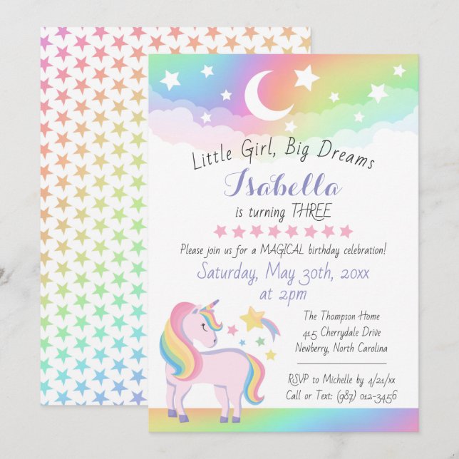 Stars & Måne Rainbow Himlar Magic Unicorn Birthday Inbjudningar (Fram/baksida)