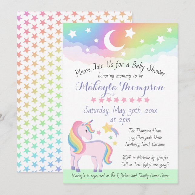 Stars & Måne Rainbow Magic Unicorn Baby Shower Inbjudningar (Fram/baksida)