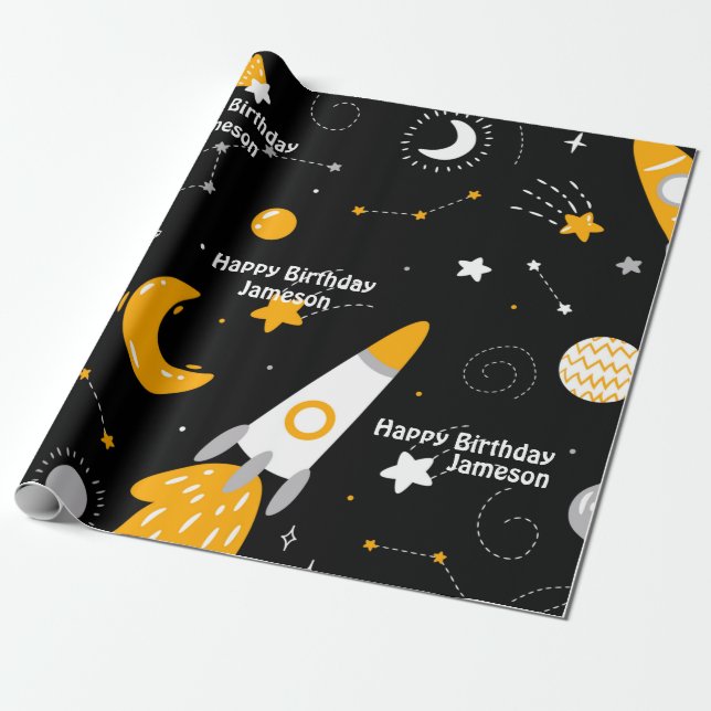 Stars Måne Rymden Rocket Birthday Presentpapper (Utrullad)